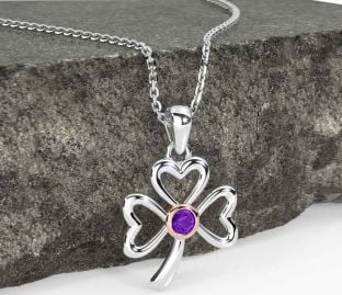 Amethyst Rose Gold Silver Shamrock Necklace