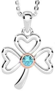 Aquamarine Rose Gold Silver Shamrock Necklace