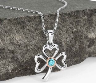 Aquamarine Rose Gold Silver Shamrock Necklace