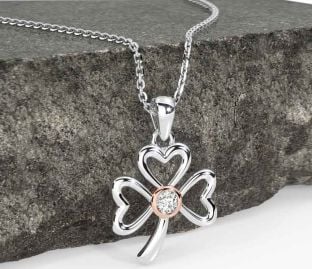 Diamond Rose Gold Silver Shamrock Necklace
