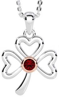 Garnet Rose Gold Silver Shamrock Necklace