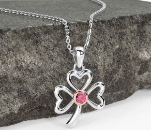 Pink Tourmaline Rose Gold Silver Shamrock Necklace