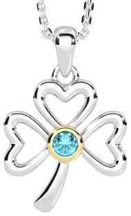 Aquamarine Gold Silver Shamrock Necklace