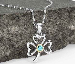 Aquamarine Gold Silver Shamrock Necklace