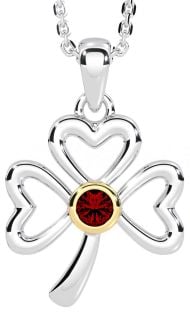 Garnet Gold Silver Shamrock Necklace