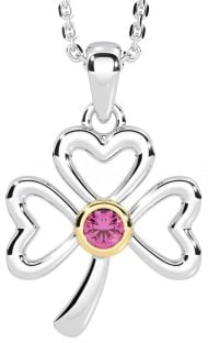 Pink Tourmaline Gold Silver Shamrock Necklace