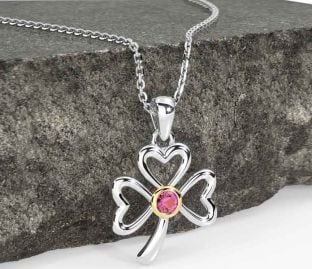 Pink Tourmaline Gold Silver Shamrock Necklace