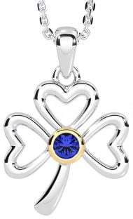 Sapphire Gold Silver Shamrock Necklace