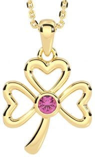 Pink Tourmaline Gold Silver Shamrock Necklace