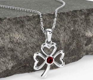 Garnet Silver Shamrock Necklace
