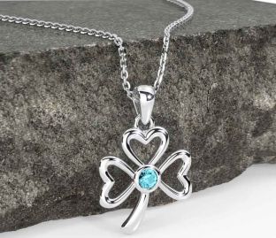 Aquamarine White Gold Shamrock Necklace