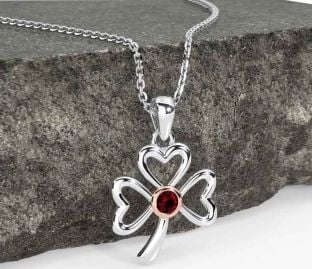 Garnet White Rose Gold Shamrock Necklace