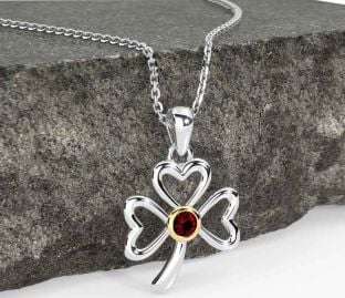 Garnet White Yellow Gold Shamrock Necklace