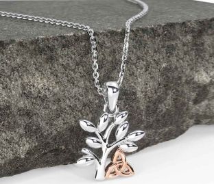 White Rose Gold Celtic Tree of Life Trinity Knot Necklace