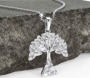 White Gold Celtic Tree of Life Trinity Knot Necklace