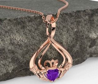 Amethyst Rose Gold Silver Claddagh Necklace