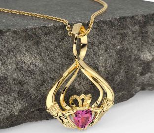 Pink Tourmaline Gold Claddagh Necklace
