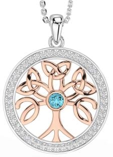 Diamond Aquamarine Rose Gold Silver Celtic Tree of Life Trinity Knot Necklace