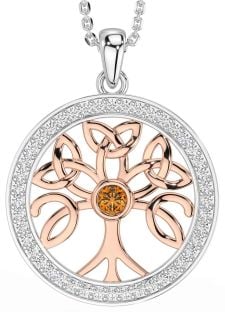 Diamond Citrine Rose Gold Silver Celtic Tree of Life Trinity Knot Necklace