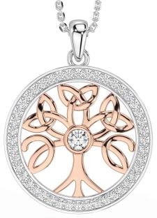 Diamond Rose Gold Silver Celtic Tree of Life Trinity Knot Necklace