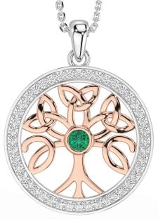 Diamond Emerald Rose Gold Silver Celtic Tree of Life Trinity Knot Necklace