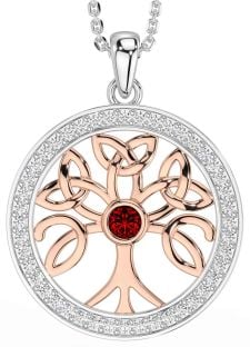 Diamond Garnet Rose Gold Silver Celtic Tree of Life Trinity Knot Necklace