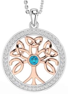 Diamond Topaz Rose Gold Silver Celtic Tree of Life Trinity Knot Necklace