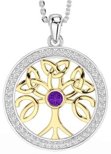 Diamond Amethyst Gold Silver Celtic Tree of Life Trinity Knot Necklace