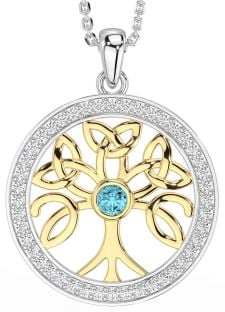 Diamond Aquamarine Gold Silver Celtic Tree of Life Trinity Knot Necklace