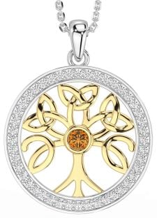 Diamond Citrine Gold Silver Celtic Tree of Life Trinity Knot Necklace