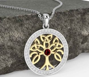 Diamond Garnet Gold Silver Celtic Tree of Life Trinity Knot Necklace