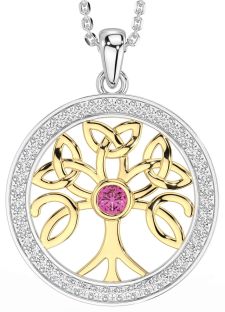 Diamond Pink Tourmaline Gold Silver Celtic Tree of Life Trinity Knot Necklace