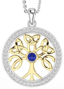 Diamond Sapphire Gold Silver Celtic Tree of Life Trinity Knot Necklace