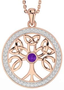 Diamond Amethyst Rose Gold Silver Celtic Tree of Life Trinity Knot Necklace