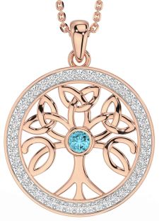 Diamond Aquamarine Rose Gold Silver Celtic Tree of Life Trinity Knot Necklace