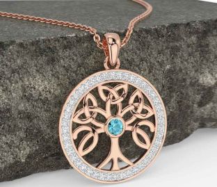 Diamond Aquamarine Rose Gold Silver Celtic Tree of Life Trinity Knot Necklace
