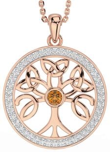 Diamond Citrine Rose Gold Silver Celtic Tree of Life Trinity Knot Necklace