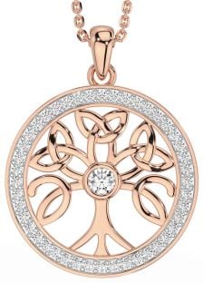 Diamond Rose Gold Silver Celtic Tree of Life Trinity Knot Necklace