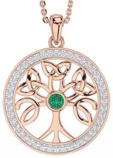 Diamond Emerald Rose Gold Silver Celtic Tree of Life Trinity Knot Necklace