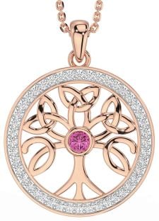 Diamond Pink Tourmaline Rose Gold Silver Celtic Tree of Life Trinity Knot Necklace