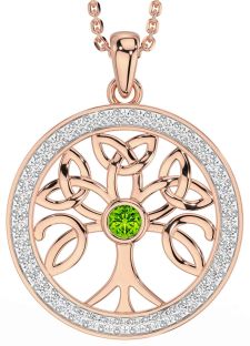 Diamond Peridot Rose Gold Silver Celtic Tree of Life Trinity Knot Necklace