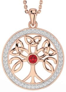 Diamond Ruby Rose Gold Silver Celtic Tree of Life Trinity Knot Necklace