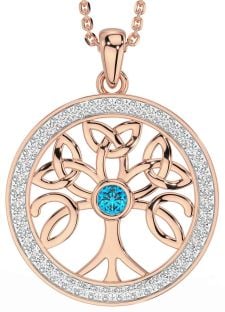 Diamond Topaz Rose Gold Silver Celtic Tree of Life Trinity Knot Necklace