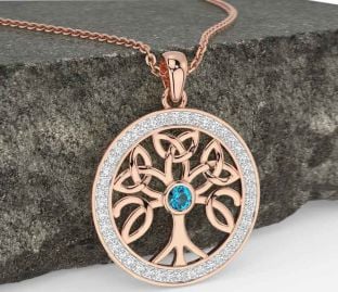Diamond Topaz Rose Gold Silver Celtic Tree of Life Trinity Knot Necklace