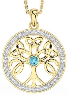 Diamond Aquamarine Gold Silver Celtic Tree of Life Trinity Knot Necklace