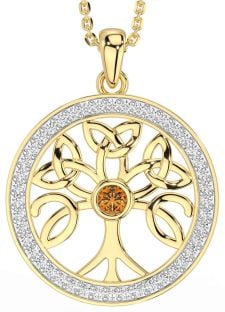 Diamond Citrine Gold Silver Celtic Tree of Life Trinity Knot Necklace