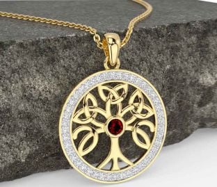 Diamond Garnet Gold Silver Celtic Tree of Life Trinity Knot Necklace
