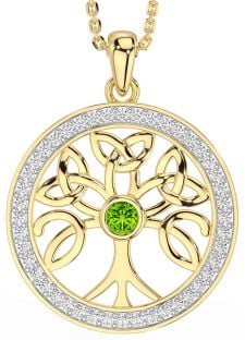 Diamond Peridot Gold Silver Celtic Tree of Life Trinity Knot Necklace