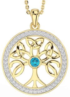 Diamond Topaz Gold Silver Celtic Tree of Life Trinity Knot Necklace