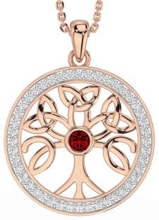 Diamond Garnet Rose Gold Celtic Tree of Life Trinity Knot Necklace